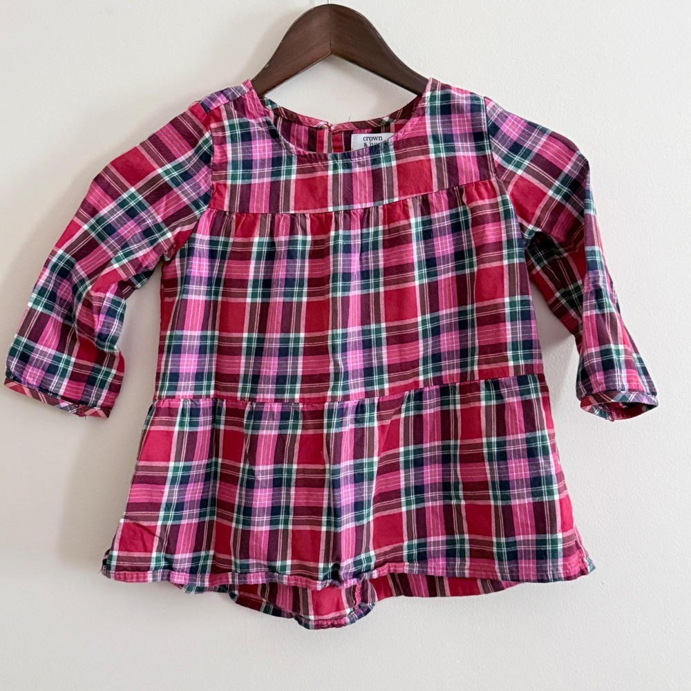 Crown & Ivy Kids Girls Pink Red Plaid Tiered Babydoll Tunic Top Size 6X